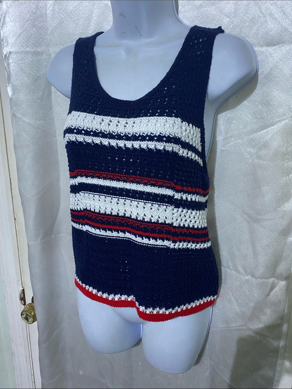 stradivarius Navy Crochet Tank Top with White & Red Stripes